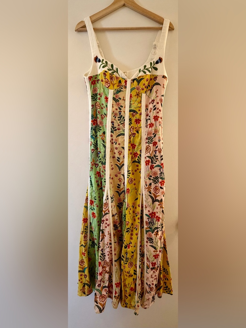 Christian Lacroix Yellow, Cream and Mint Floral Stripe Boho Midi Dress